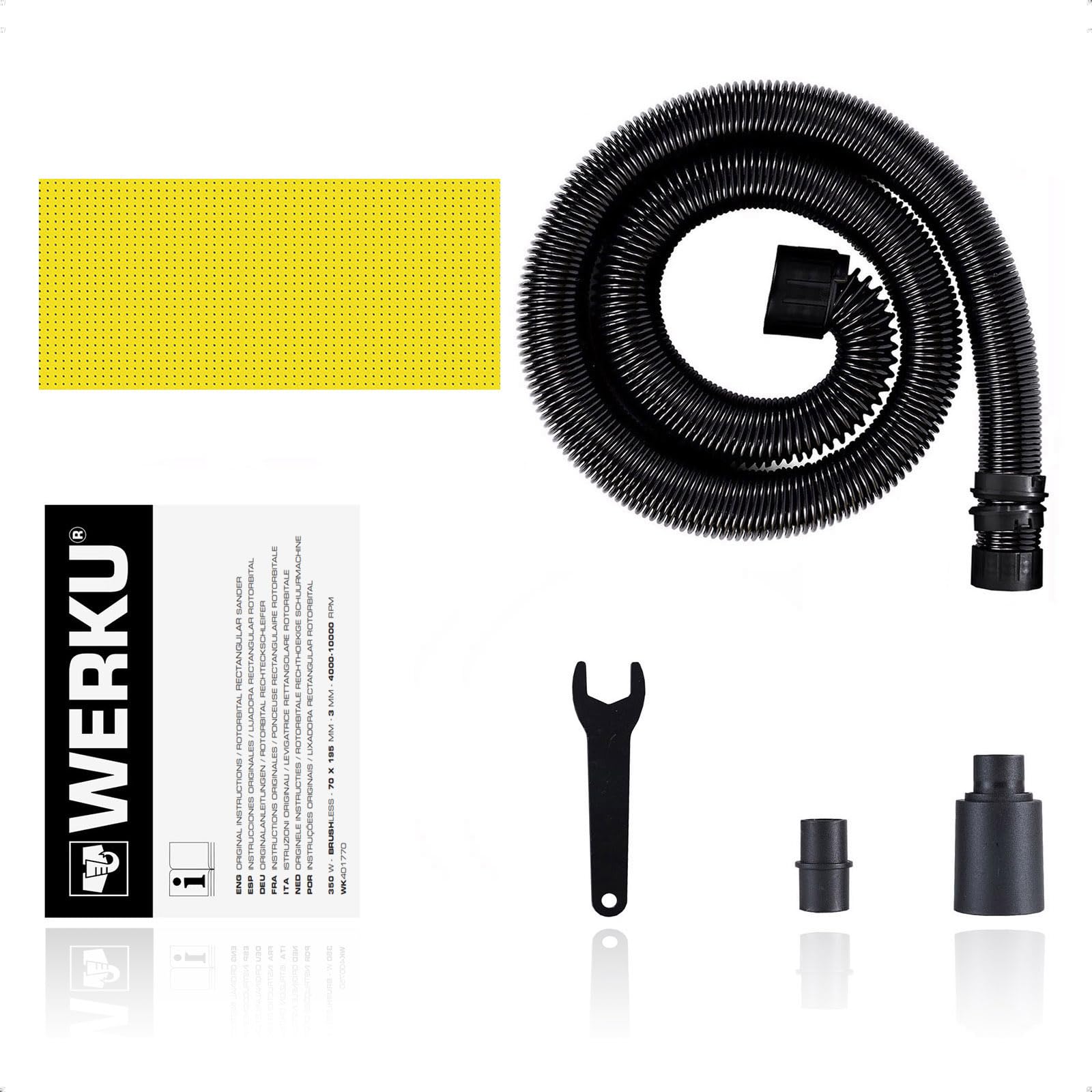 Werku WK401770, Lijadora Rectangular Rotorbital, Calidad Profesional, Motor Brushless, Potencia 350 W, Plato Base 70 x 195 mm, Órbita 2.5 mm, Incluye Hoja Lijado y Manguera Aspiración