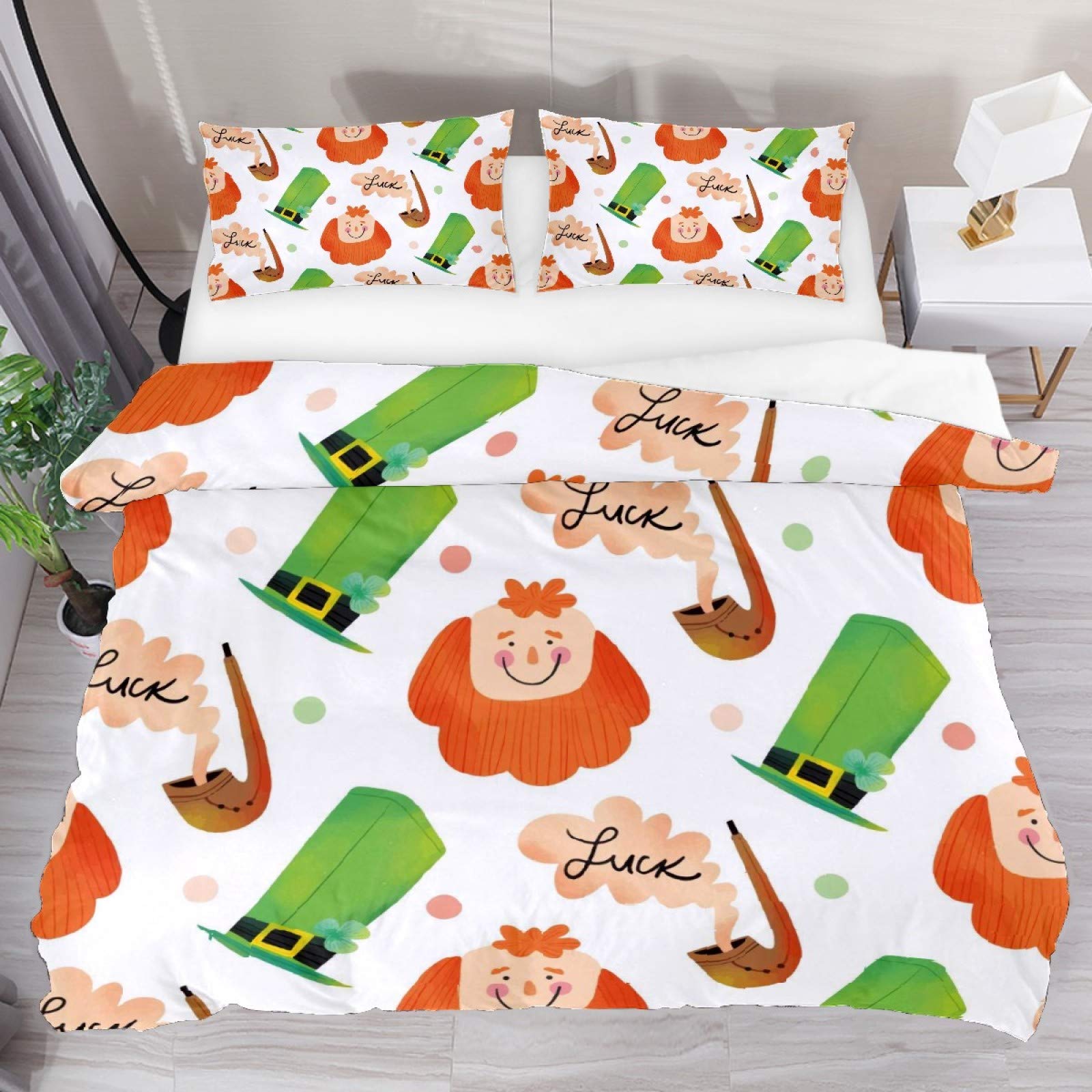 AJIKENEE Irish Hat Ginger Man Pipe Pattern 3 Piece Duvet Cover Set Super King Size 102"x87" Soft Quilt Cover Decorative Bedding Sets with Pillowcase Polyester Bedspread for Boys Girls Teen Adult