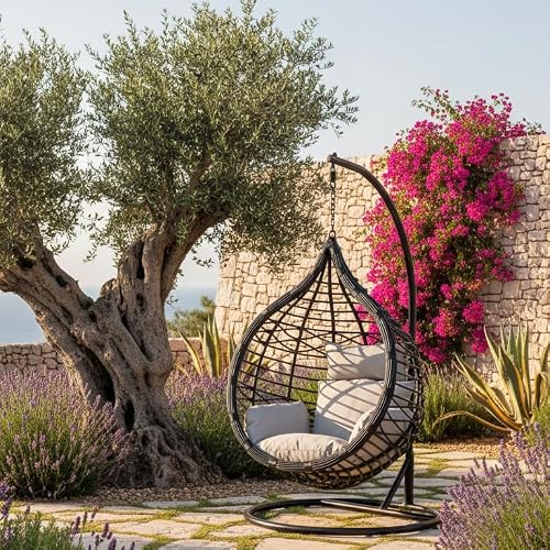 Decor Space Poltrona a dondolo sospesa Amirantes per giardino e veranda in rattan con cuscino (Torres Nera)