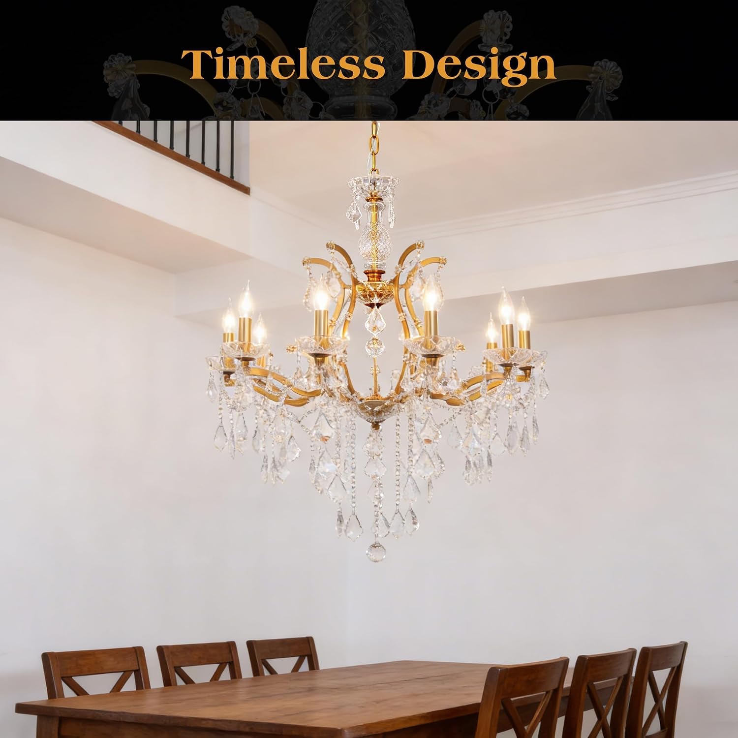 Antique Crystal Chandelier, 10-Light Gold Chandeliers for Living Room, Candle Style Golden Bronze Crystal Chandelier Light Fixture, Luxury Large Vintage Hanging Pendant Light High Ceiling