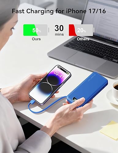 Miniatura 3 de Cargador ultraportátil de 12000 mAh con cables integrados y enchufe de pared de CA, cargador de teléfono celular PD20W USB-C de carga rápida,