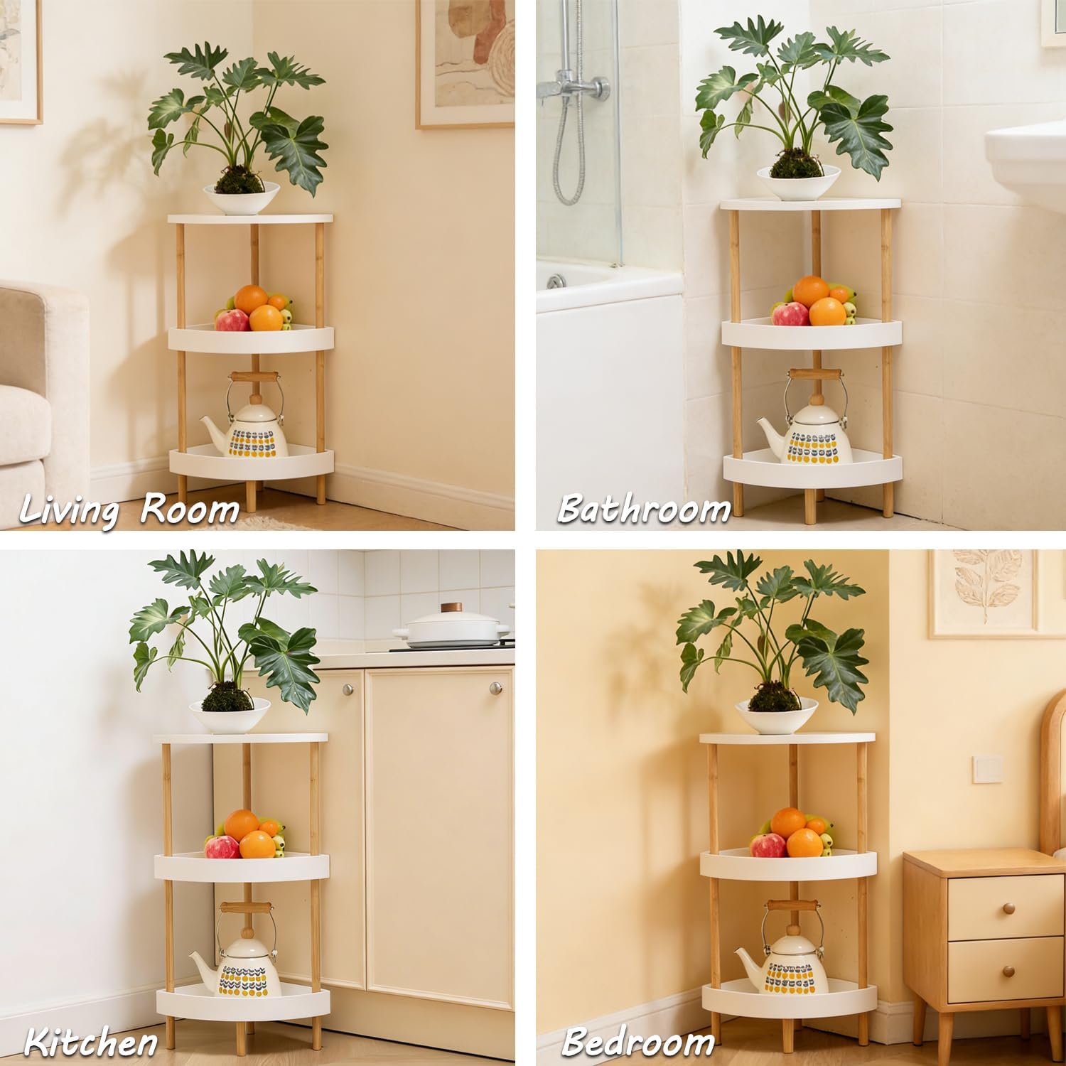 3-Tier Bamboo Corner Shelf - No Screws, Twist & Lock Assembly in 5 Mins, 5-Layer Lacquer Finish, Sturdy & Anti-Tip Design for Kitchen, Bathroom, Living Room, Easy to Clean