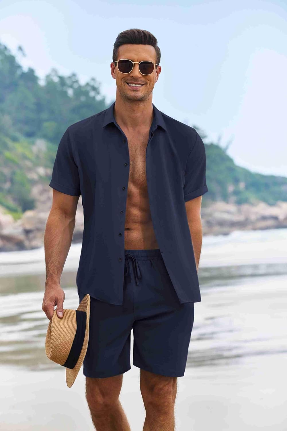 COOFANDY Men's Summer Beach Outfits 2 Piece Short Sleeve Shirts and Shorts Vacation Texture Linen Sets for Men - Image 2