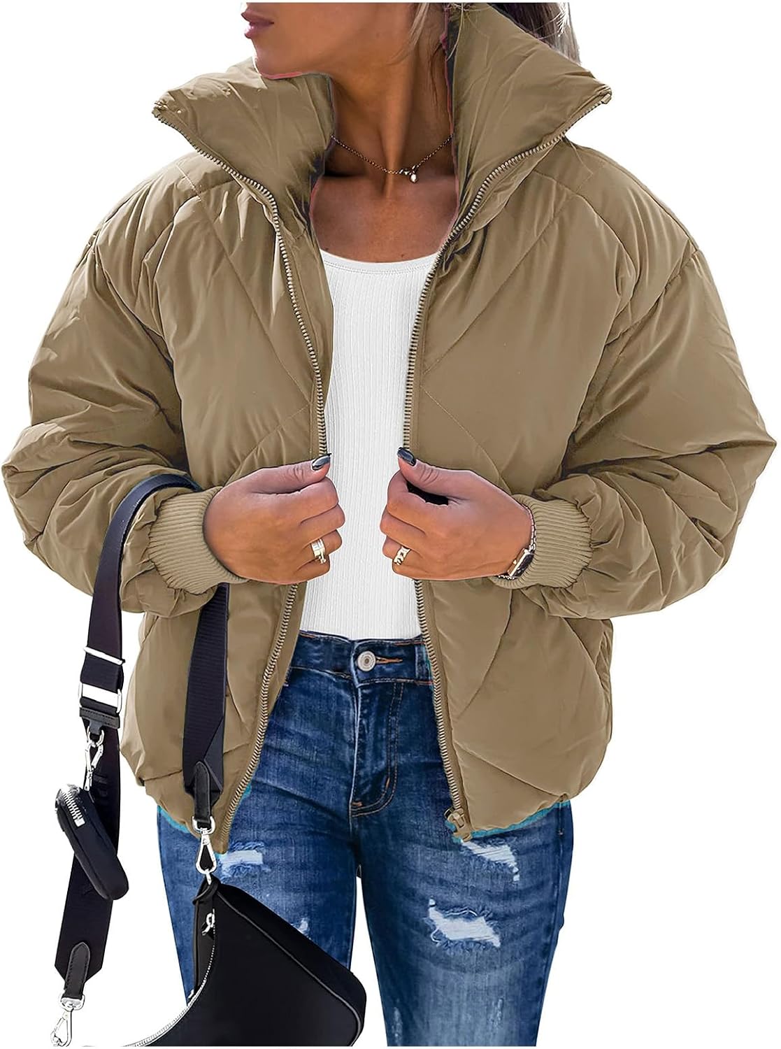 Cropped Puffer Coat for Women Winter Stand Collar Zip Up Quilted Jacket Lightweight Long Sleeve Puffy Coats Outwear