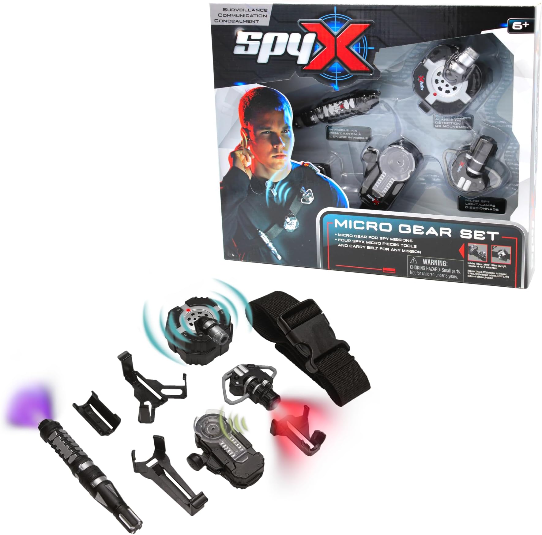 SpyX - Micro Gear Set For Kids - Mobile Surveillance Using Micro Tools For Fun Spy Missions - Includes Utility Belt, Ear Light, Invisible Ink Pen, Listener, Motion Alarm, 6+ Years