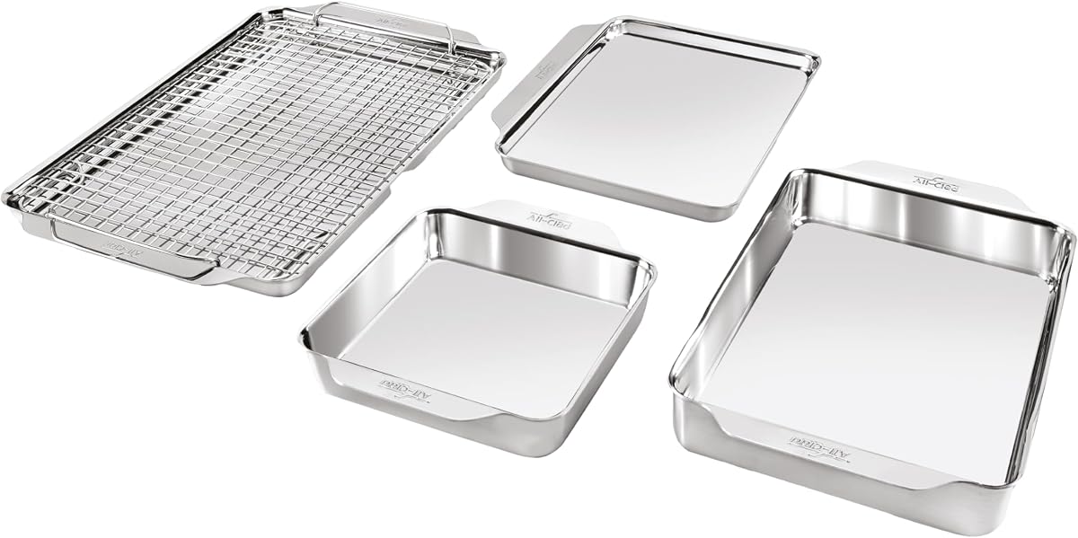 Juego de 5 moldes para hornear de acero inoxidable, unidos de tres capas para un horneado consistente, incluye moldes para hornear cuadrados y rectangulares, bandejas para hornear y rejilla para enfriar, utensilios para hornear profesionales de acero inoxidable