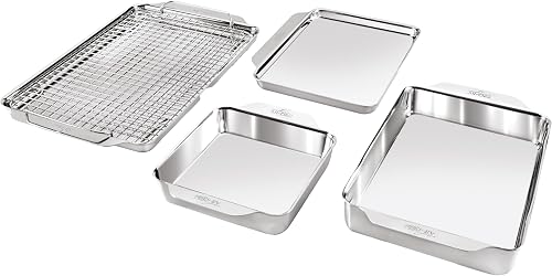 All-Clad Stainless Steel Baking Pans 5-Piece Set-Tri-ply Bonded for Consistent Baking- Includes Square and Rectangular Baking Pans, Baking Sheets, & Cooling Rack- Professional Stainless Steel Bakeware