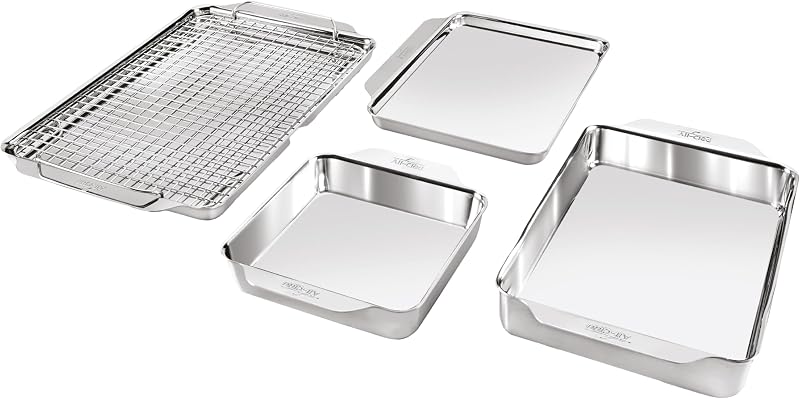 Juego de 5 moldes para hornear de acero inoxidable, unidos de tres capas para un horneado consistente, incluye moldes para hornear cuadrados y rectangulares, bandejas para hornear y rejilla para enfriar, utensilios para hornear profesionales de acero inoxidable