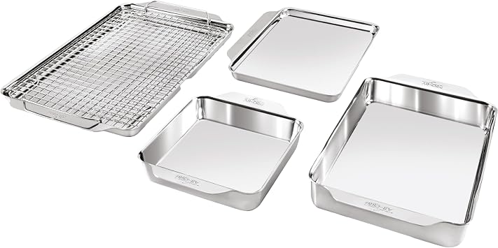 All-Clad Stainless Steel Baking Pans 5-Piece Set-Tri-ply Bonded for Consistent Baking- Includes Square and Rectangular Baking Pans, Baking Sheets, Cooling Rack- Professional Stainless Steel Bakeware