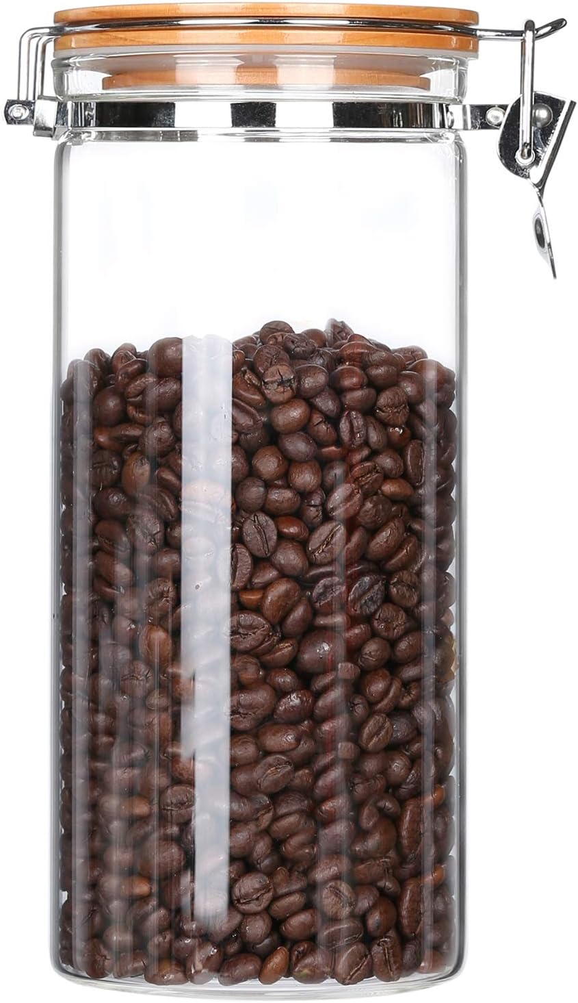 Borosilicate Glass Coffee Bean Storage Container with Airtight Lid,Air Tight Glass Storage Jar with Hinged Lid for Coffee Bean,Loose Leaf Tea,Nuts Storage Container,Bamboo Lid Glass Sealed Jar,54 Floz