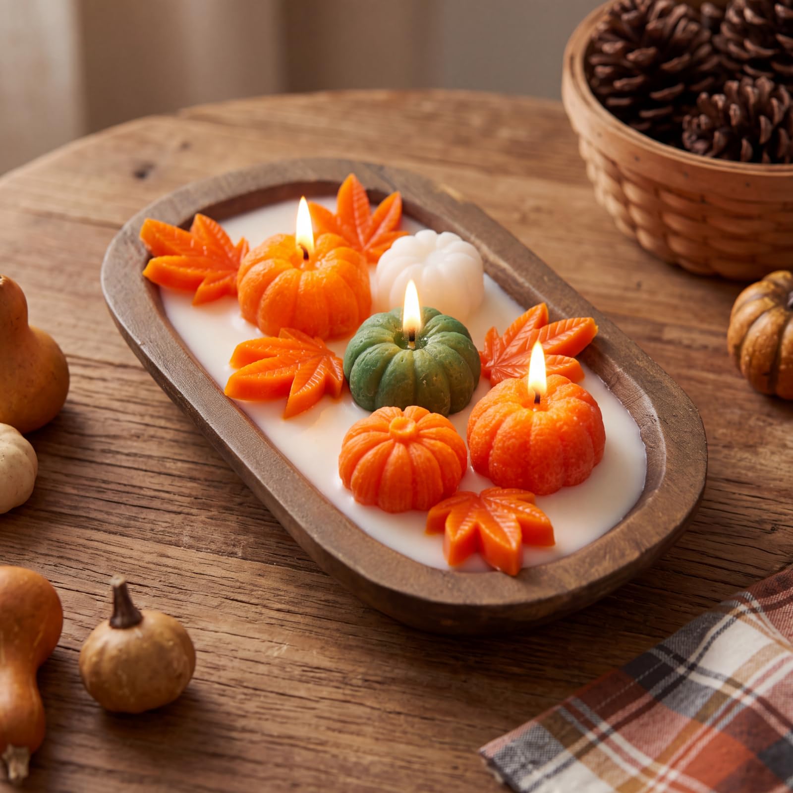 Conelist Rustic Fall Pumpkins Dough Bowl Candle Wooden Autumn Table Decor