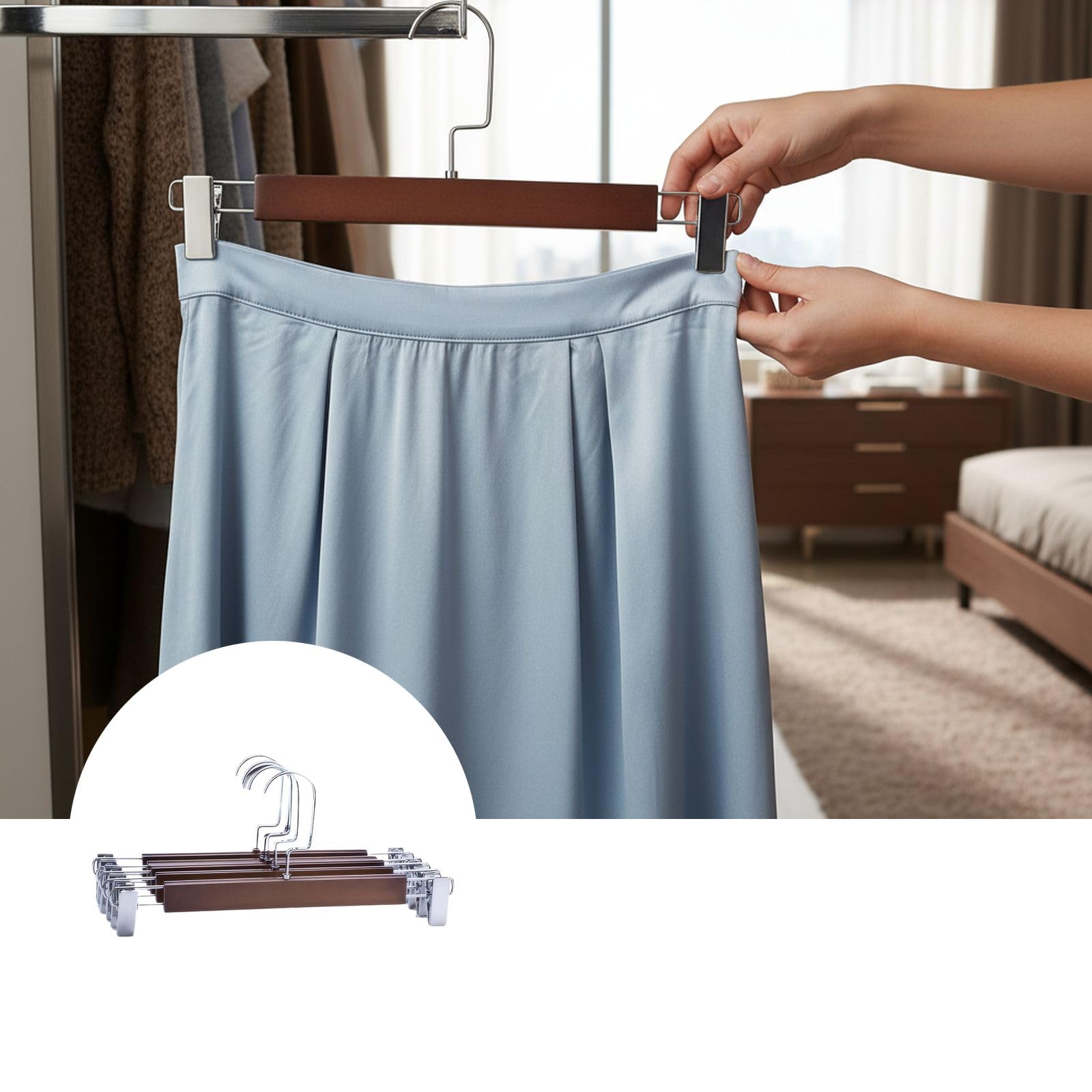 Percha de madera de alta calidad con clips para pantalones y faldas, colgador de ropa de madera suave con clips de metal para exhibición minorista y almacenamiento en el armario del hogar (marrón