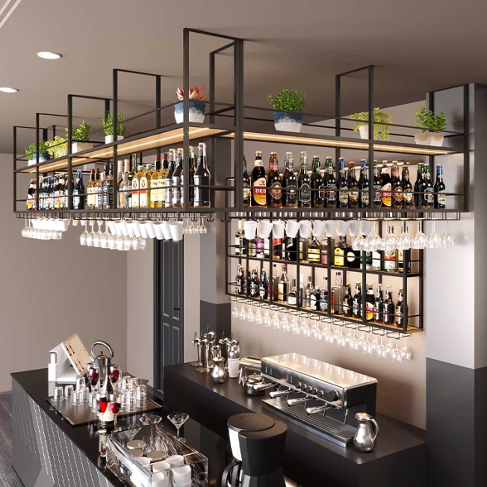 Étagère à vin suspendue LED en métal industriel pour une décoration de standing