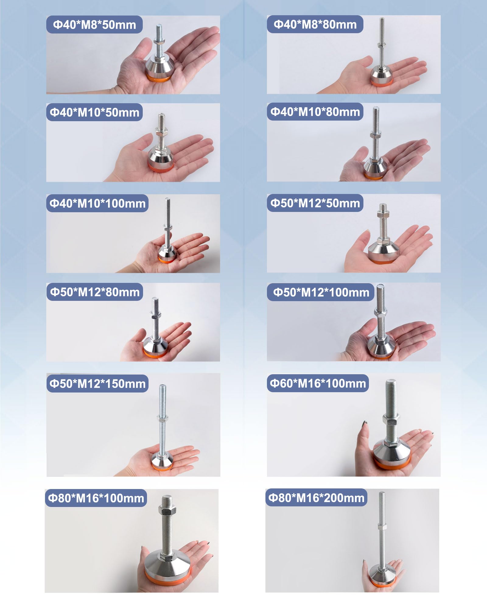 4 Piedini Regolabili Per Mobili M8x50mm - Altezza 35-75mm, Base Larga 40mm - Foto 4