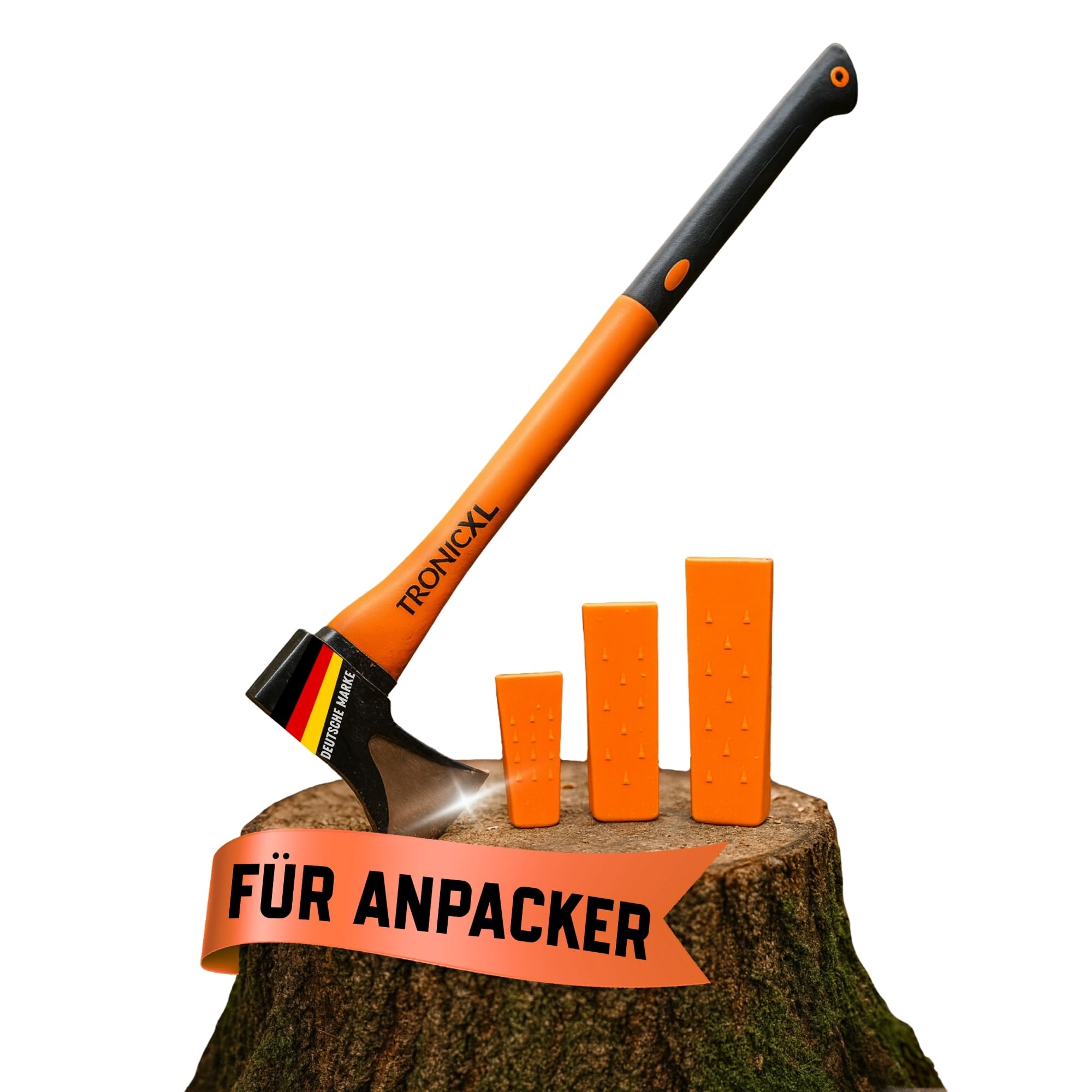 TronicXL Fiberglas Spaltaxt 2000g Kohlenstoff Stahl - Super scharf - Axt mit langem Stiel + Fällkeile Spaltkeile Set Forst Holz Machen spalten Baum fällen
