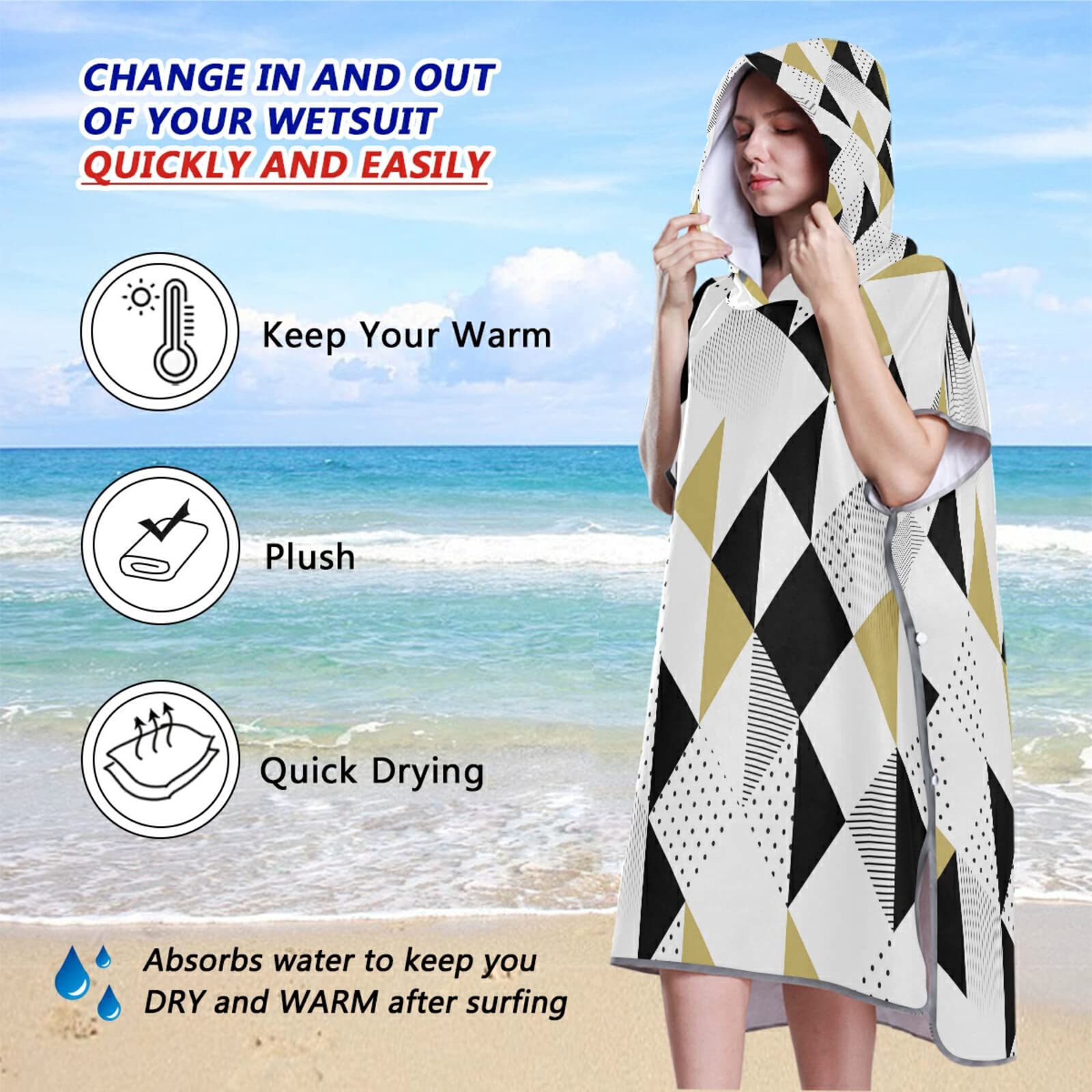 Badeponcho mit Kapuze und Tasche, schnelltrocknender Bademantel, Mikrofaser-Handtuch, Neoprenanzug für Bad, Strand, Outdoor, goldfarben / Schwarz / Weiß mit schwarzen Punkten, geometrisches Muster