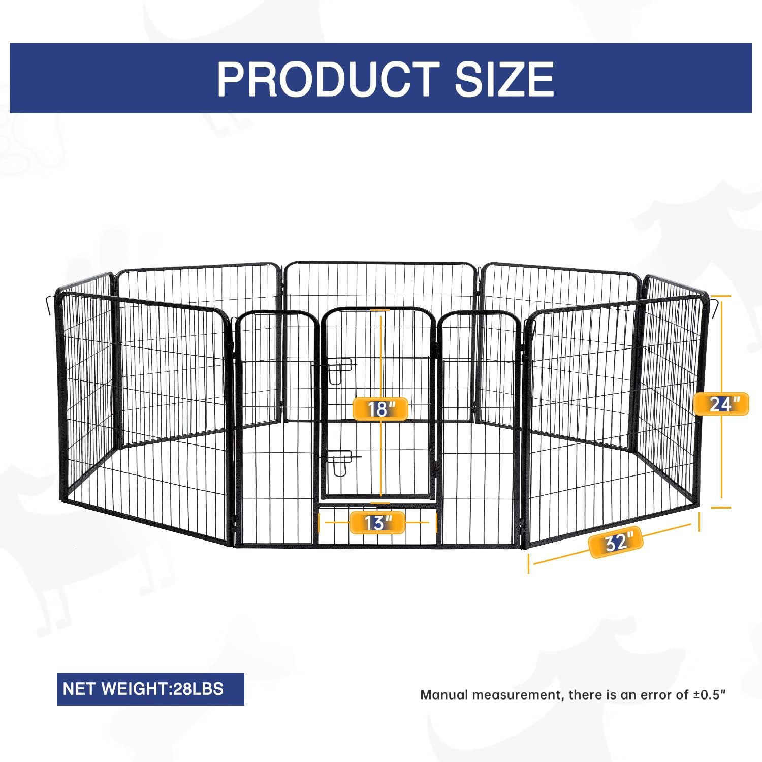 Pet Dog Playpen, Foldable Metal Indoor Outdoor Pet Fence Barrier, 8 Panels 24(H) Inches High Exercise Heavy Duty Pet Playpen with Lockable Double Door Dog Fence for Large Medium Small Animals