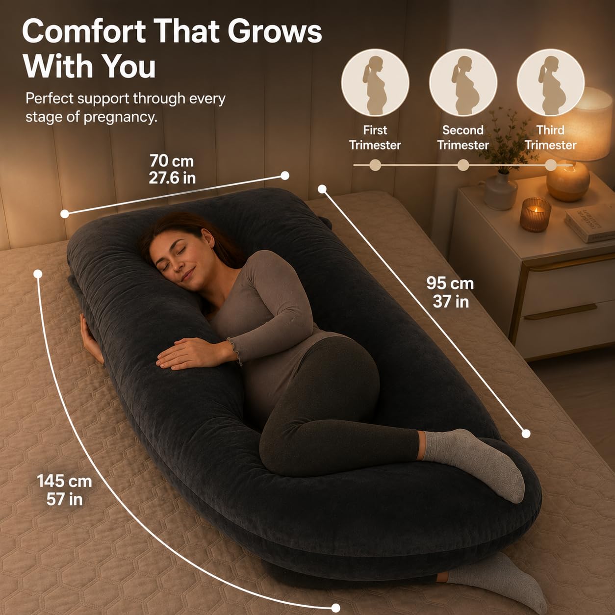 ALLOPERA, Coussin de Grossesse 145 cm – Soutien Jambes, Dos, Cou, épaules, Hanches, Ventre pour Femmes Enceintes, avec Housse Amovible et Lavable en Velours (Gris Noir)