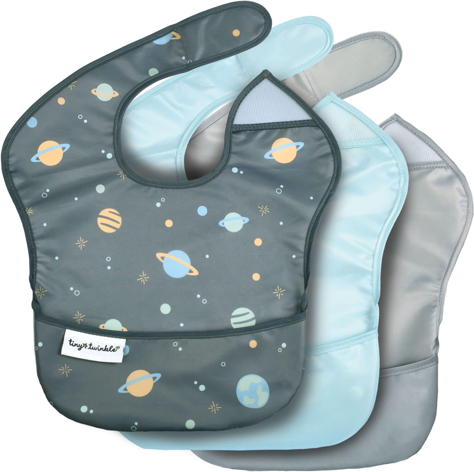 Tiny Twinkle Mess-Proof Baby Bibs for Mealtime – Waterproof, Wipeable Toddler Bibs – Travel-Friendly – Free from PFAS, PVC, BPA, and Phthalates – (3 Pack)
