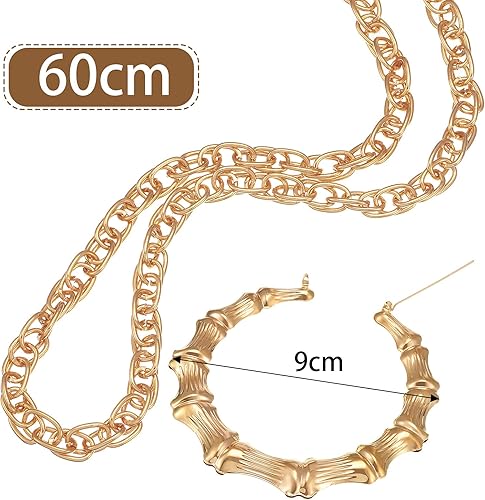 Miniatura 4 de Hicarer Accesorios de atuendo de los años 80 y 90 para mujeres y hombres, disfraz de hip hop, gafas redondas, aretes de cadena de oro sintético