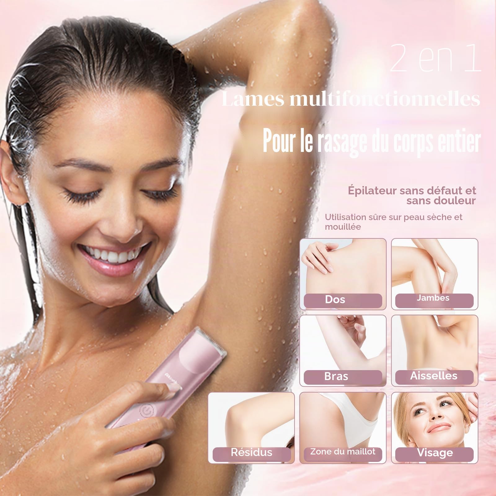 Akunbem Tondeuse de bikini pour femme - Rasoir électrique 2 en 1 pour femme - Rasoir électrique à double tête - Étanchéité IPX7 - Utilisation humide et sèche - Tondeuse pour poils du corps et du