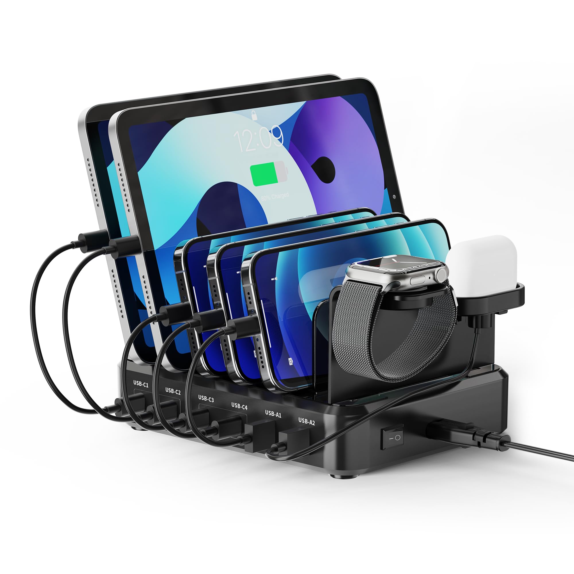 Ewent Estación de Carga Universal con 6 Puertos USB (4xUSB-C 65W + 2xUSB-A), Enchufe Europlug 130 W, con Soporte para SmartWatch y Auriculares, para Smartphone/Tablet/Portátil, Carga Rápida PD3.0/QC3.