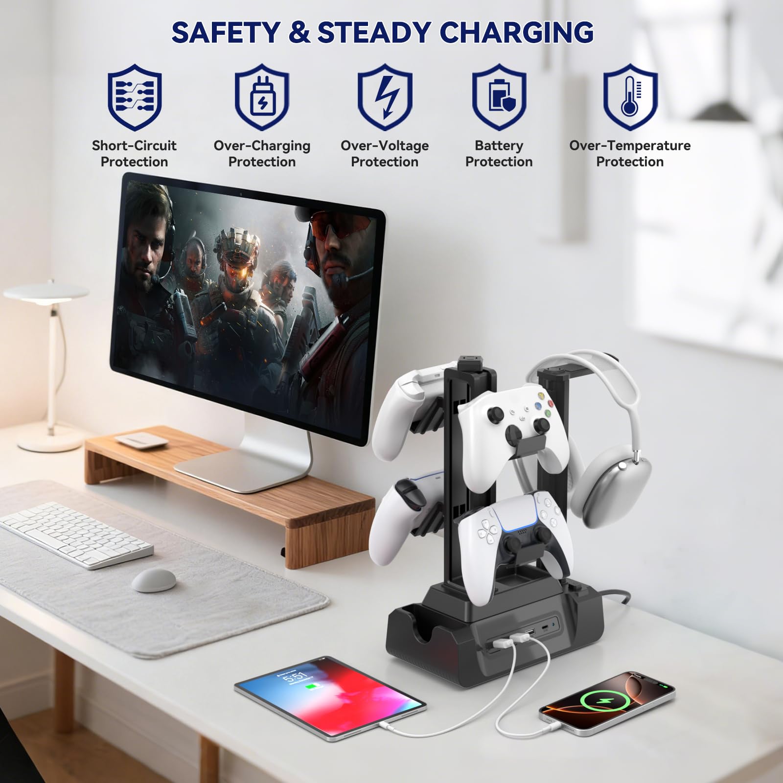 KDD Gaming Kopfhörer Ständer mit USB A Typ-C Ladegeräten, Headset Halterung Controller Halter mit Ladestation, Geräteschlitz für Handy Tablet, Kopfhörer für PC Gaming Zubehör
