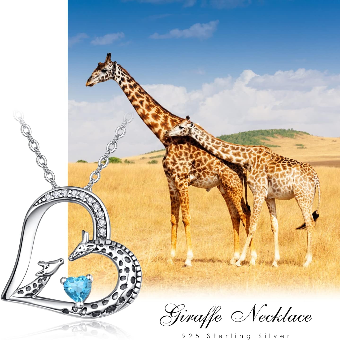 TANGPOET Giraffe Birthstone Heart Pendant Necklace Jewelry Gifts for Women 925 Oxidized Sterling Silver Gold Plated Mother's Day Birthday Gifts for Mom Mother Daughter with 18"+2" Chain - Image 6