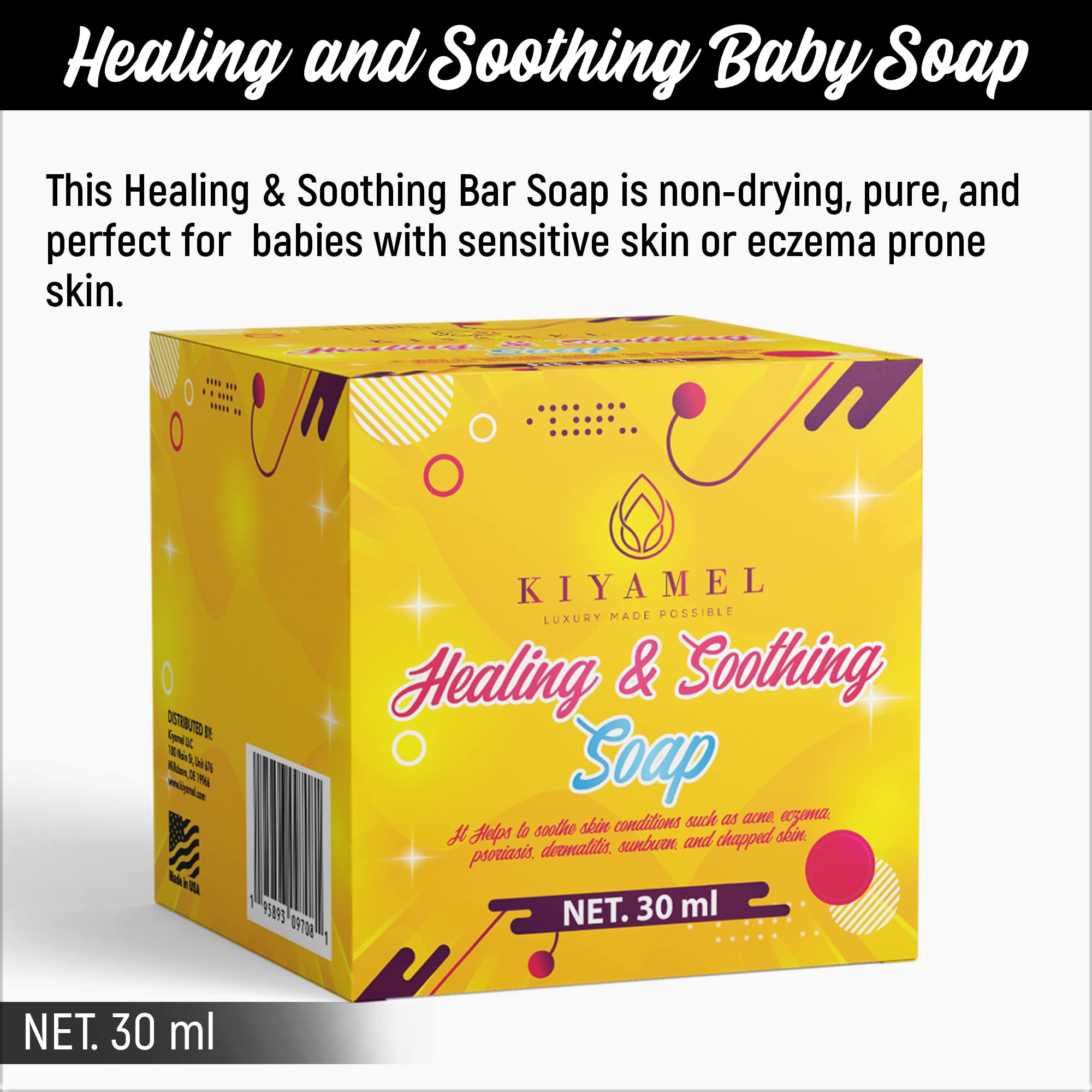 KIYAMEL Baby Healing & Soothing Soap Heals and Prevents Irritated, Dry and Eczema Prone Skin. Organic Shea Butter, Coconut and Sunflower Oil help to Soothe Dermatitis, Psoriasis and Chapped Skin.