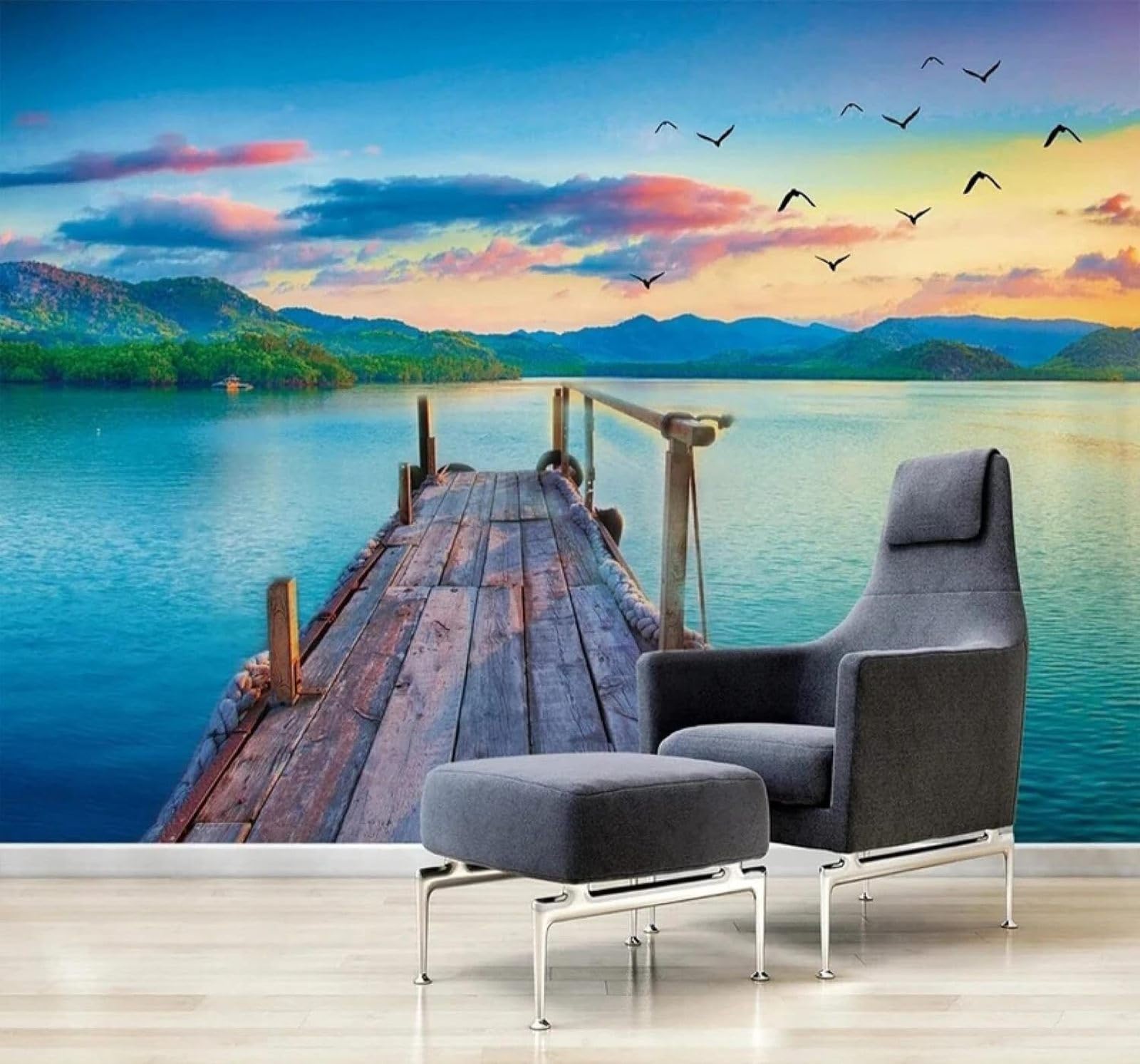 XLMING Elegant Landscapes Wooden Bridges Birds in Flight Natural Scenery 3D Wallpaper Silky Texture Home Study Office Grey Dining Room Sofa Bedroom Living Room TV Backdrop-250cm×170cm
