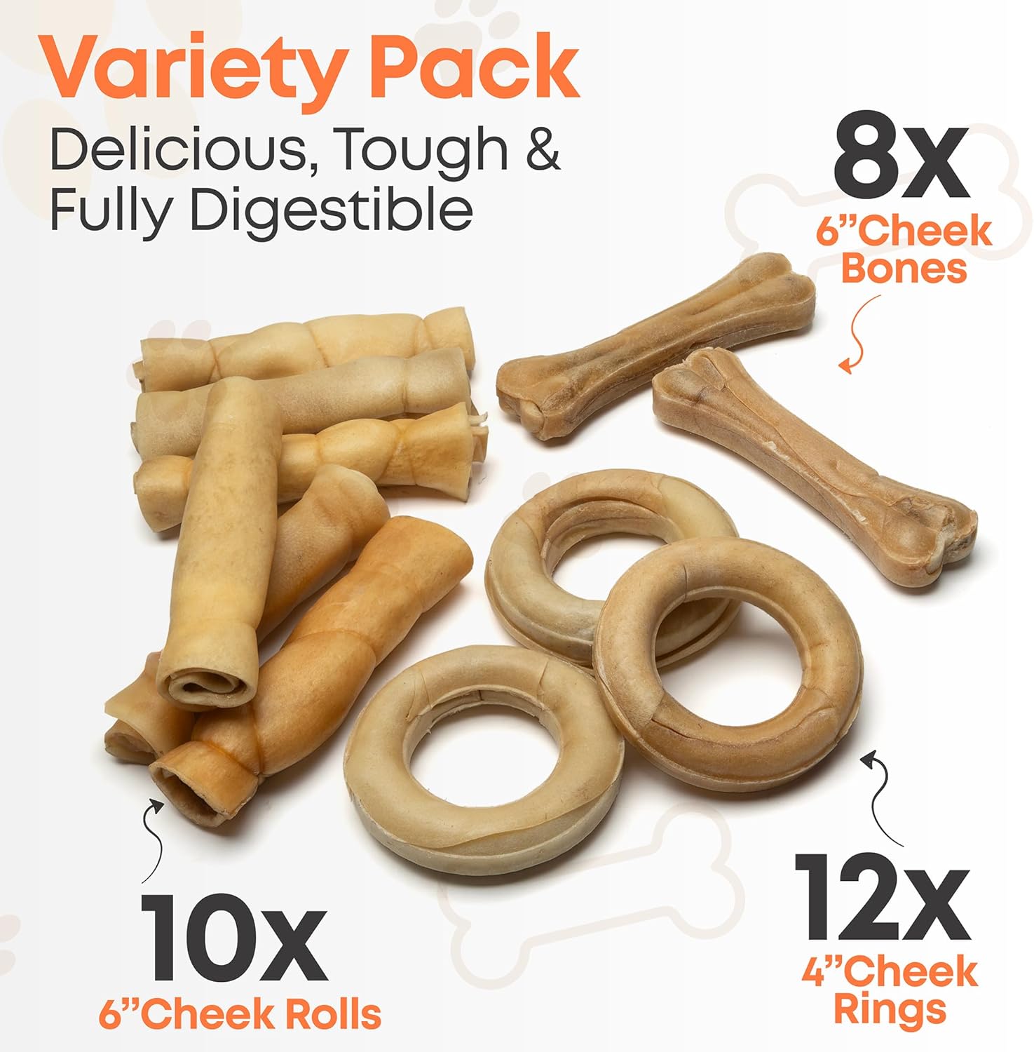 Fang & Claw Buffalo Cheek Dog Chews Variety Pack, Rawhide-Free Natural Dog Treats, 4" Cheek Rings, 6" Cheek Roll Bones and Rolls, Long Lasting Chews for Medium and Large Dogs