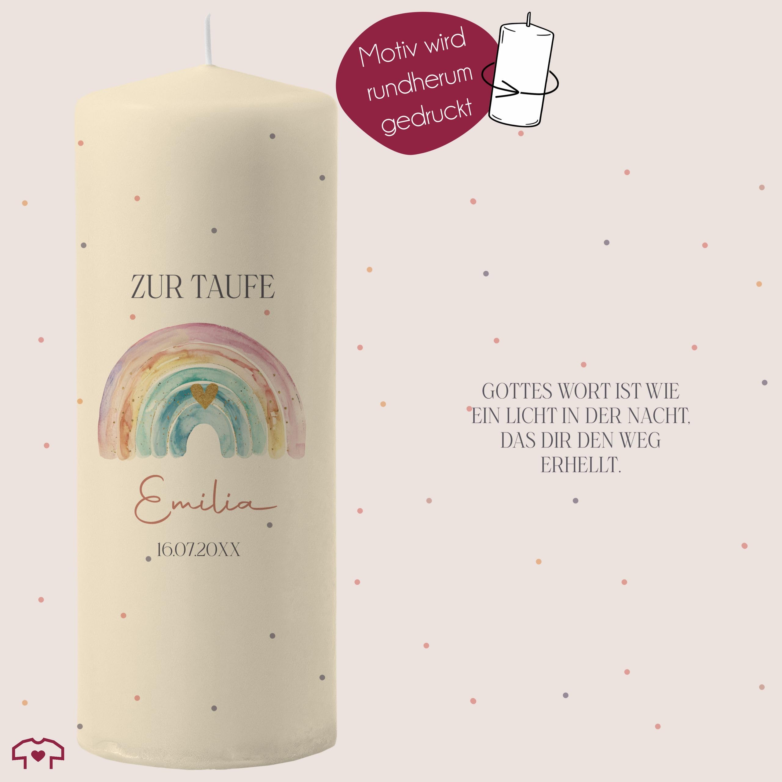 Taufkerze - Bunter Boho Regenbogen mit Herz - Zur Taufe mit Name, Datum und Wunschtext - 230/78 mm - Elfenbein