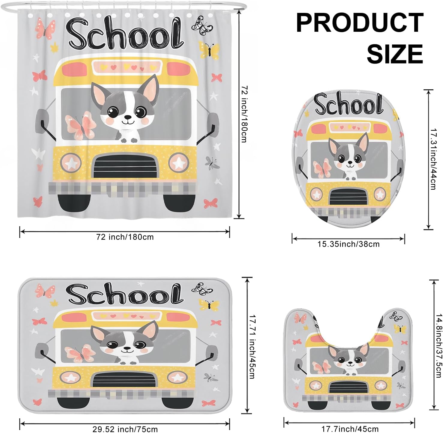 4PCS Cartoon Chihuahua Dog Bathroom Accessory Sets with Non-Slip Rug, U Shape and Toilet Lid Cover Mat, Kid School Bus Bathroom Fabric Decor-72''x72''