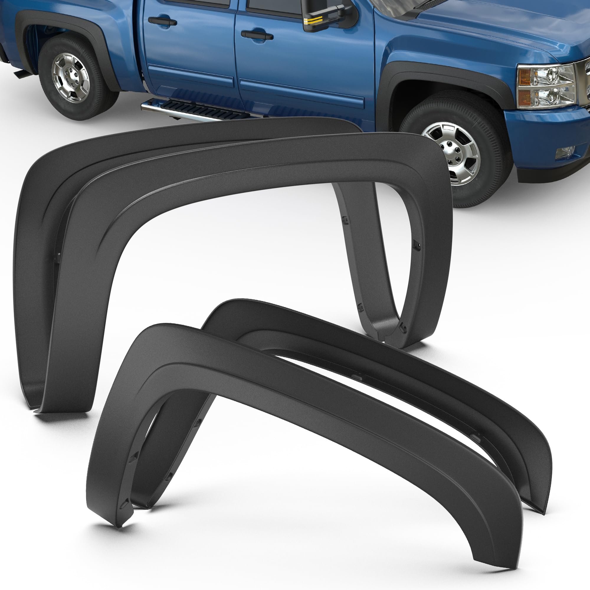 KUIPERAUTO Fender Flares For 07-13 Chevy Silverado 1500 Short Bed | Smooth Black Paintable Flares | 4PC Set