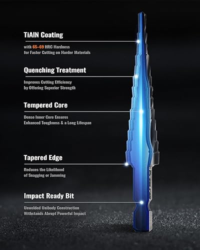 Miniatura 5 de ZELCAN Broca escalonada de cobalto M35 de 13 tamaños, broca de 18 a 12 pulgada de cuatro espirales para metal, broca escalonada HSS recubierta de