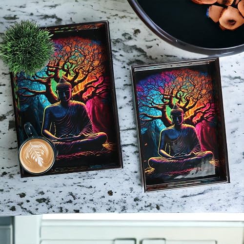 Miniatura 7 de Crocon Juego de 2 bandejas rectangulares decorativas con estampado esmaltado de Buda, color negro