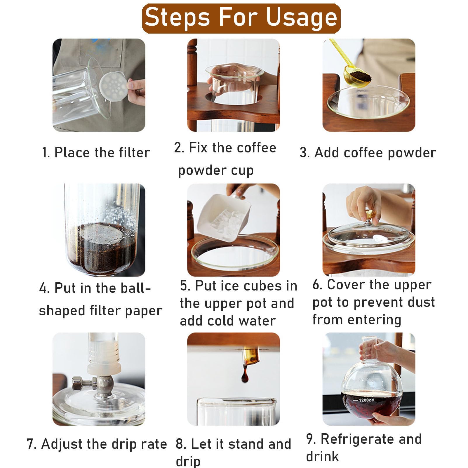 Macchina per caffè Freddo Cold Brew Dripper Pot Cold-Dripper Coffee Tower Macchina per caffè Freddo in Legno Vetro 3000 ml Marrone