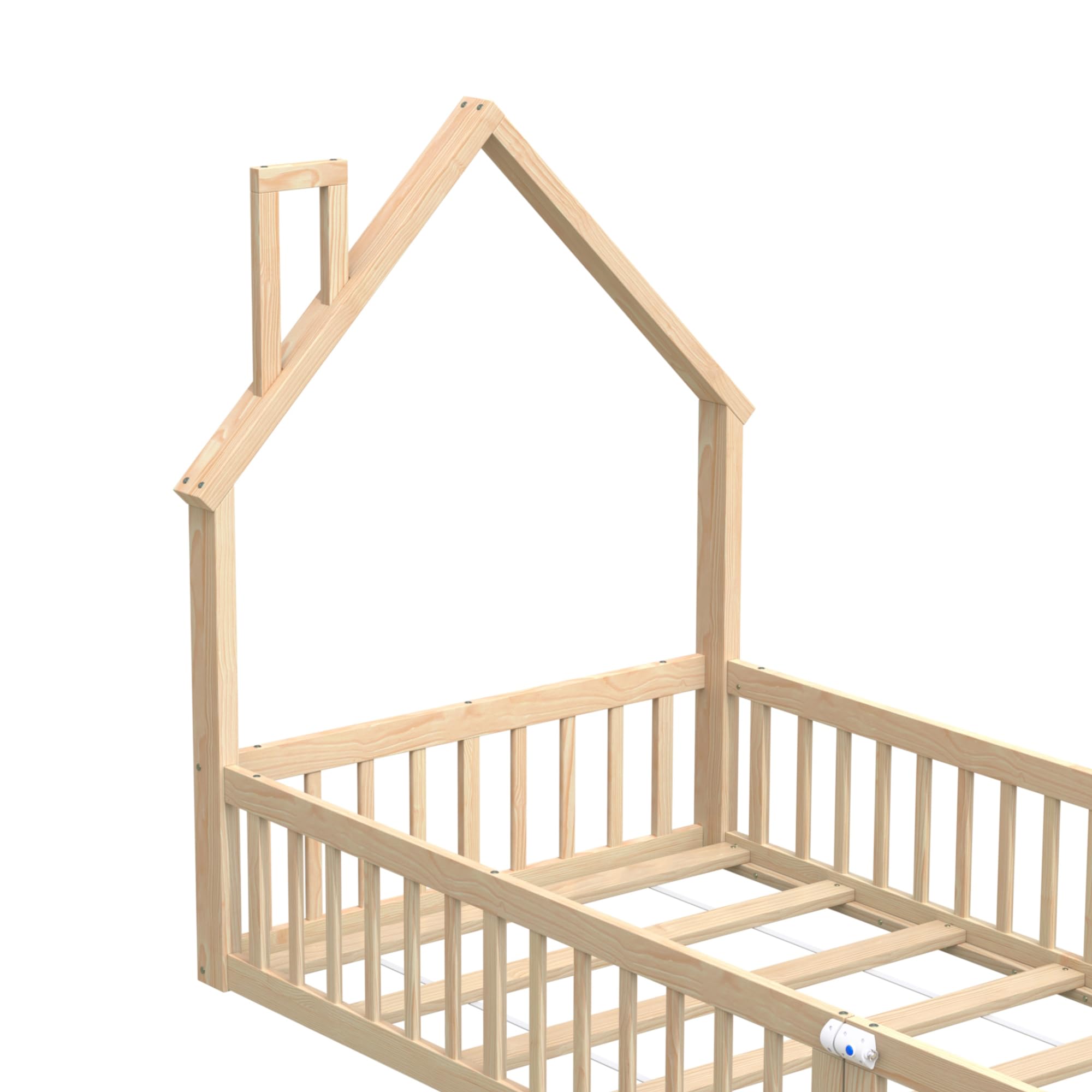 Cama infantil 90 x 200 cm, forma de chimenea, cama de casa con protección anticaída y somier, valla abierta, cama Montessori, madera de pino, sin colchón (natural)