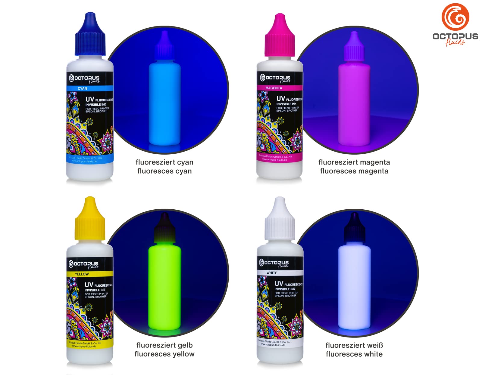 Octopus 4X 50ml Encre UV fluorescente invisible compatible pour Epson et Brother, Blanc, Cyan, Magenta, Jaune