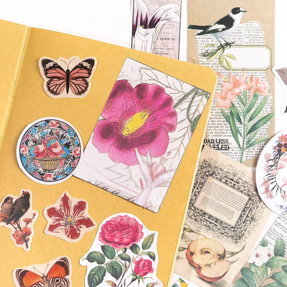 Alideco 200pcs Vintage Scrapbook Supplies Kit Kawaii Mushrooms, Flowers Scrapbooking Paper Washi Bullet Journals Planners Collage Album Aesthetic Cottagecore