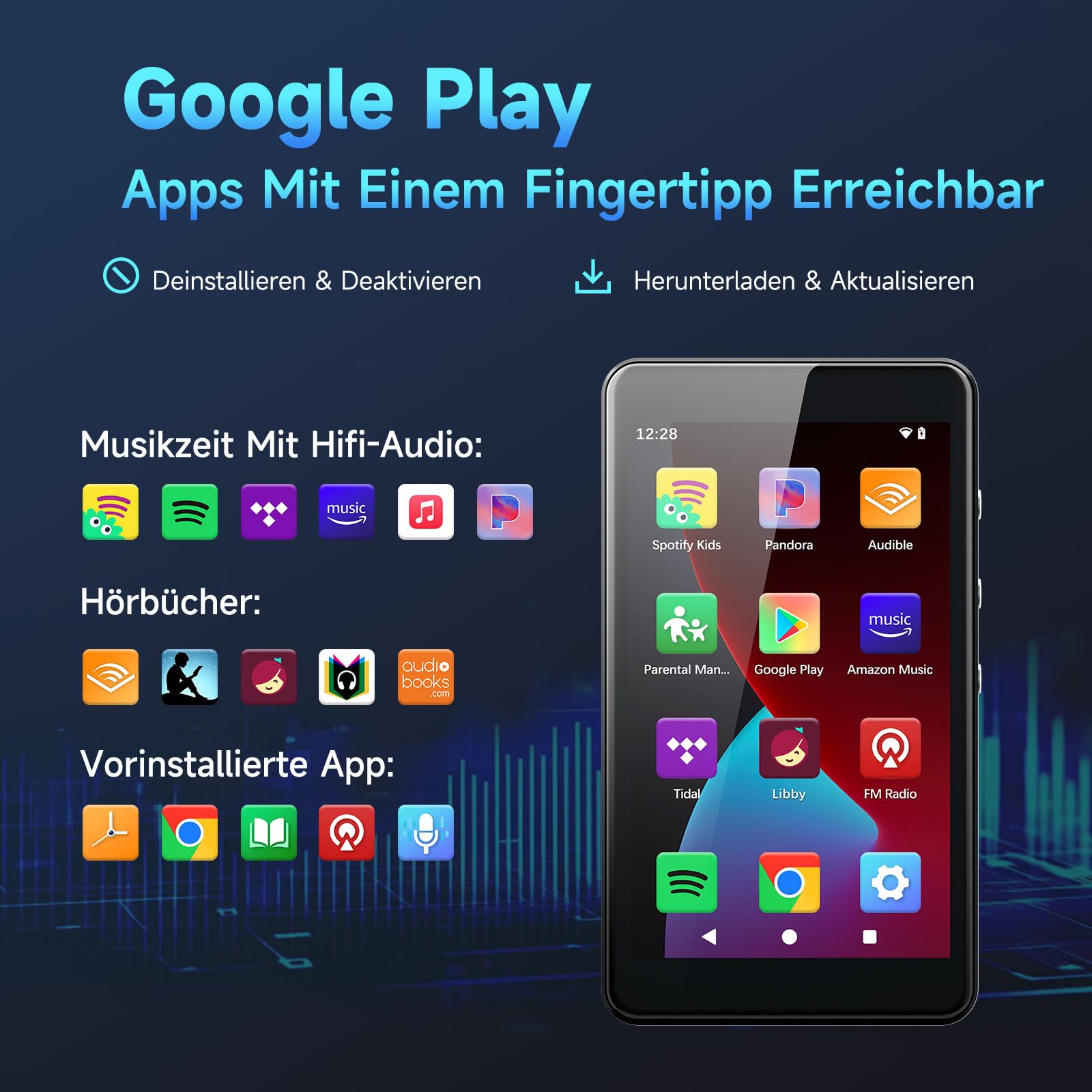 PECSU Android 14 MP3-Player mit Spotify, Play Store, Amazon Music, Audible, Libby, 4-Zoll-Touchscreen-MP4-Musikplayer für Kinder mit Kindersicherung, Augenschutzmodus, 2000mAh (Schwarz)