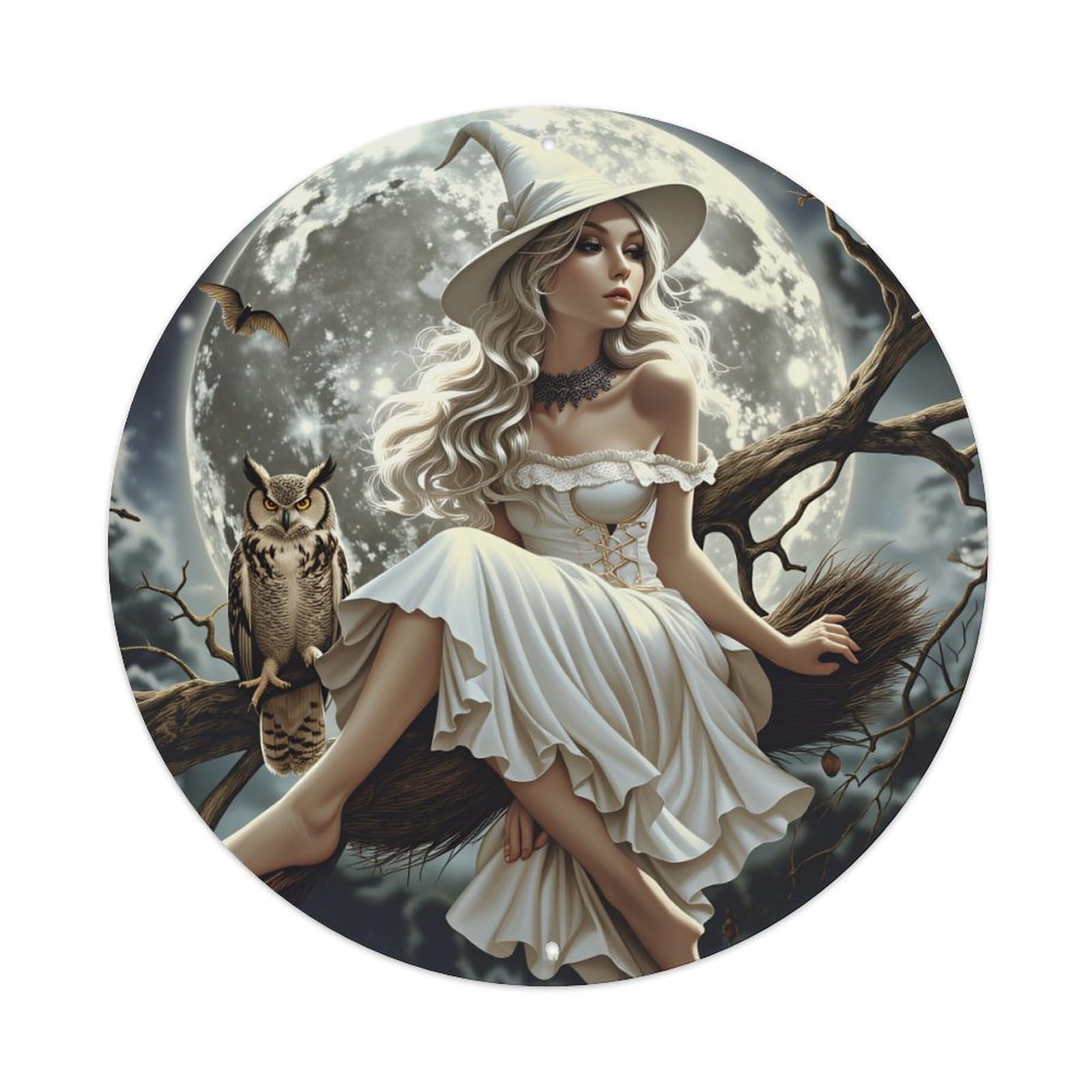 Moonlight Witch Owl Broom Night Round Tin Sign Vintage Metal Poster, Home Bar Garage Man Cave Cafe Indoor & Outdoor Wall Decoration 8x8Inches