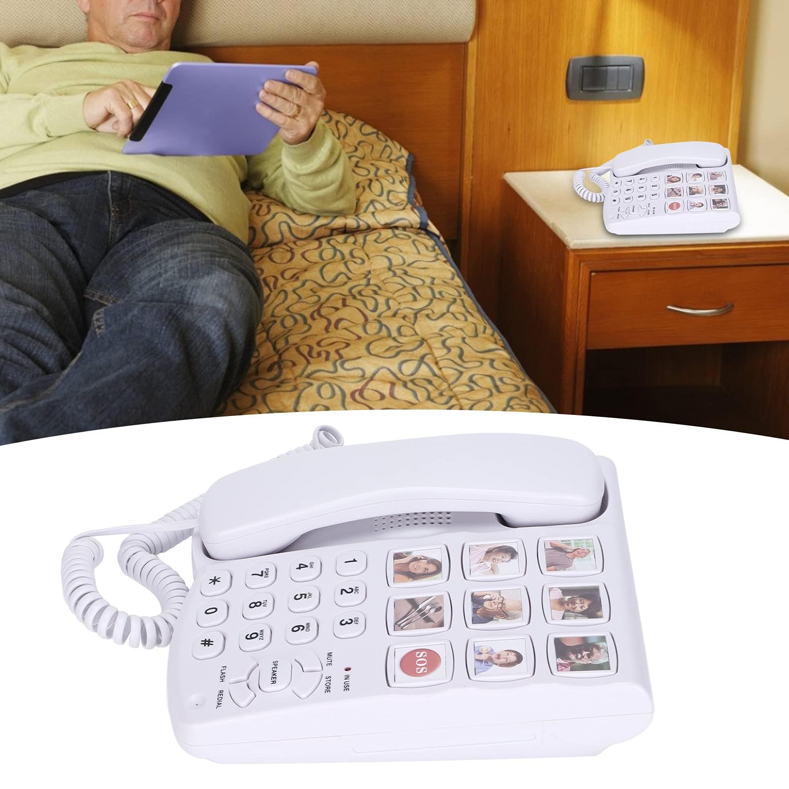Picture Care Teléfono Con Cable Para Personas Mayores, 80 DB Con Cable, Teléfonos Fijos De Botones Grandes Con Altavoz, Teléfono Con Cable Para Personas Mayores Con Botones Grandes Y Pantalla Grande P