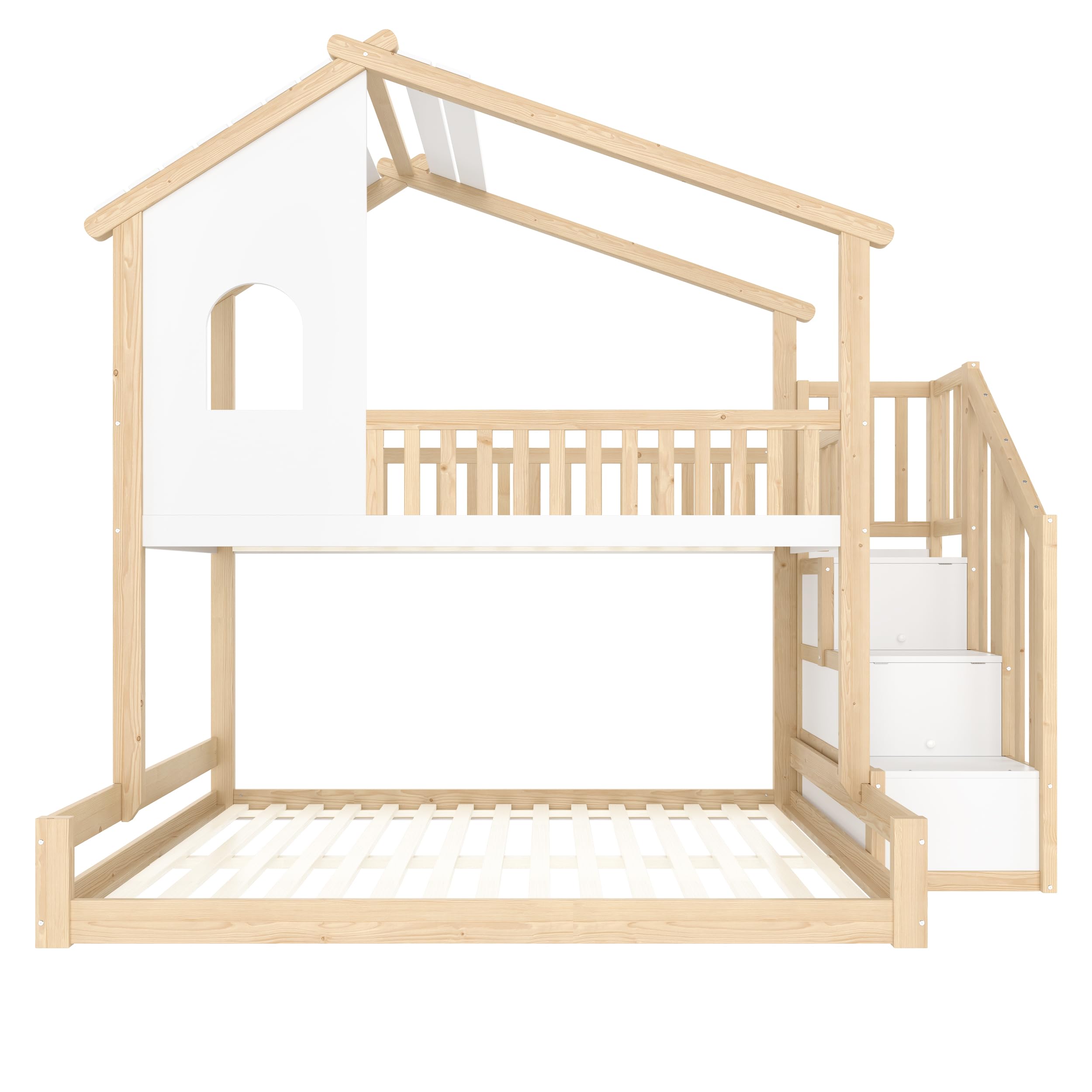 Moimhear Huisbed, stapelbed met rechthoekige ladder, kinderbedden, met valbeveiliging en barrière, frame van grenenhout (200x90cm) (grijs wit
