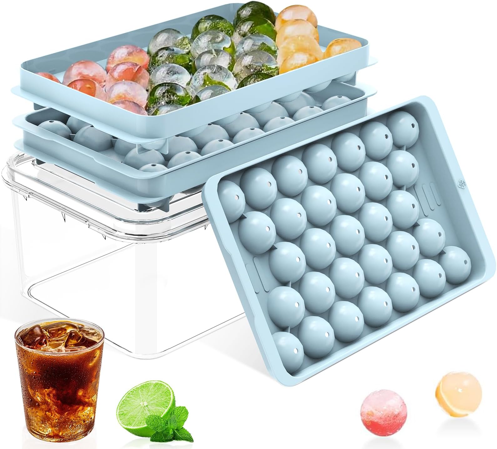 Ice Cube Tray with Lid and Bin – Round Ice Cube Trays for Freezer, BPA-Free Food-Grade Ice Mold, Stackable Ice Ball Maker, Iced Bucket Kits, Circle Ice Tray for Cocktails, Whiskey, Coffee, and Drinks