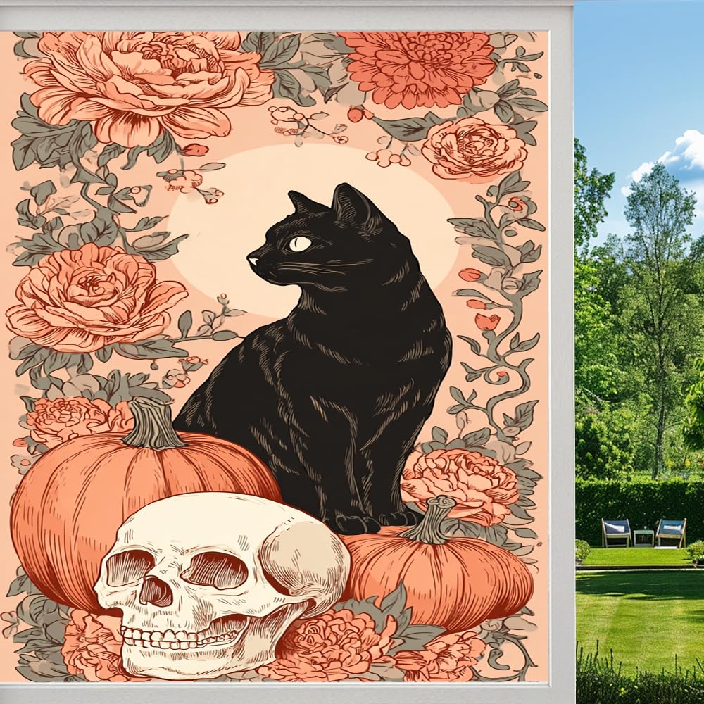Pmlbaous Fantasy Black Cat Stained Glass Window Film, Retro Skull Pumpkin Floral Peel And Stick Privacy Film, Frosted Adhesive Vinyl Decorative For Bathroom Windows Glass Doors, （55X100cm）