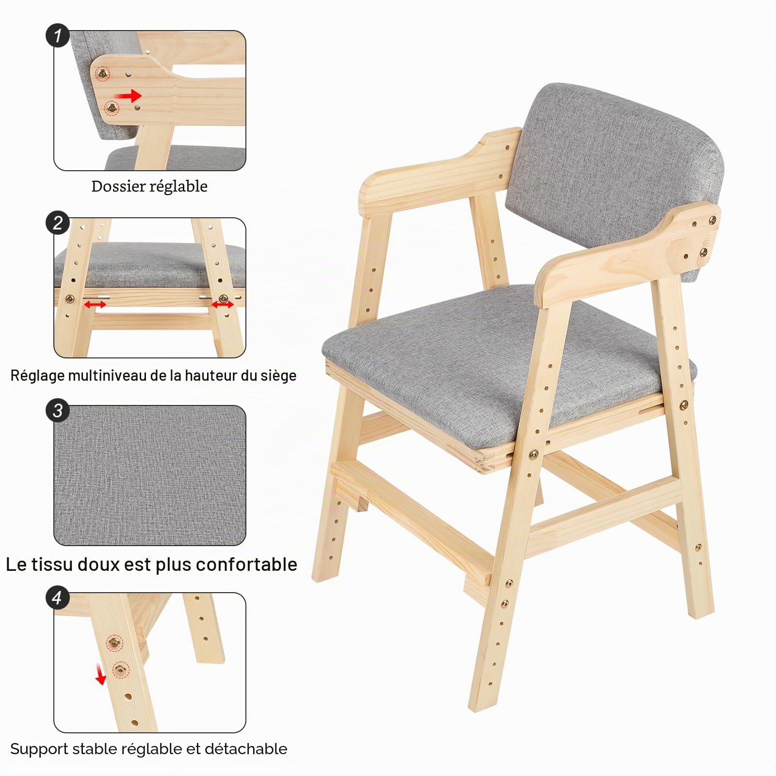 WODFARR Chaise Haute Évolutive en Bois Naturel Sit Up 3 Hauteur Réglable, Chaise élévatrice en pin pour Enfants-Gris
