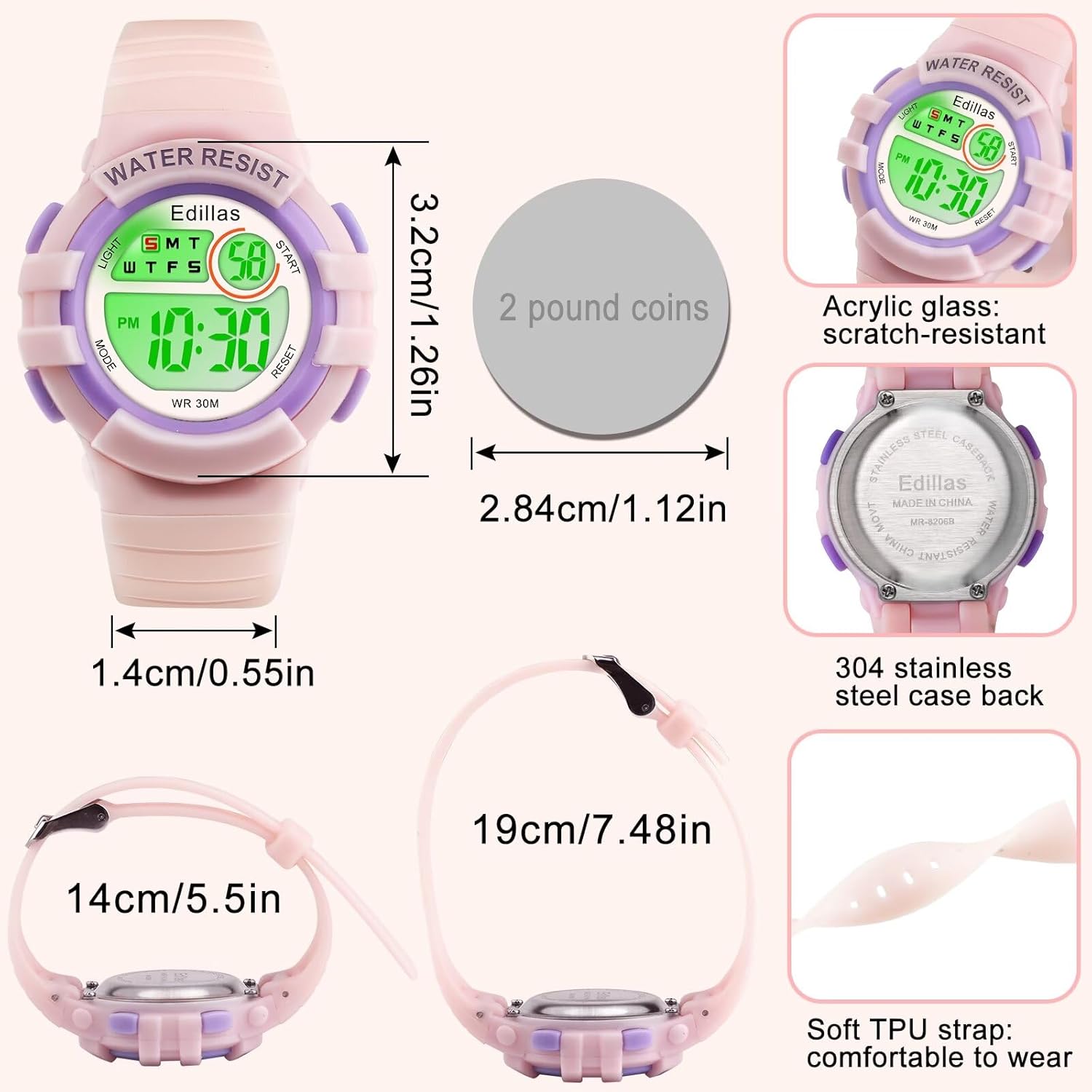 Detailed diagram of the Edillas Digital Kids Watch showing dimensions, materials like acrylic glass, 304 stainless steel case back, and soft TPU strap.