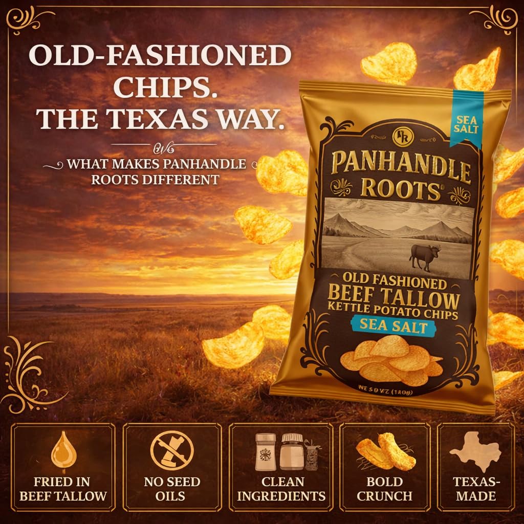 PANHANDLE ROOTS Beef Tallow Chips (3 Pack, 5oz Each) | Sea Salt | Gluten Free Potato Chips Made with Beef Tallow | Kettle Cooked & Seed Oil Free | Texas Born