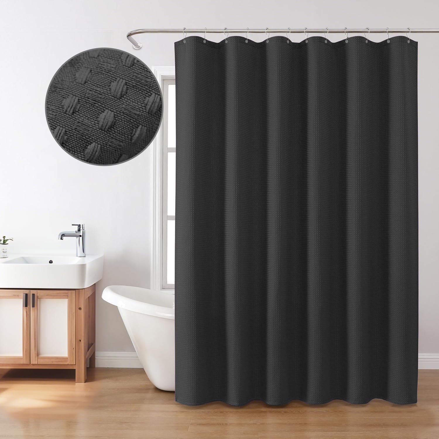 Inhousolu Fabric Shower Curtain Waffle Weave, 230 GSM Heavy Duty, Weighted Hem, 14 Metal Hooks, Water Repellent, Machine Washable, Hotel Spa Luxury Bath Curtain Set, 72 x 84 Inch, Black